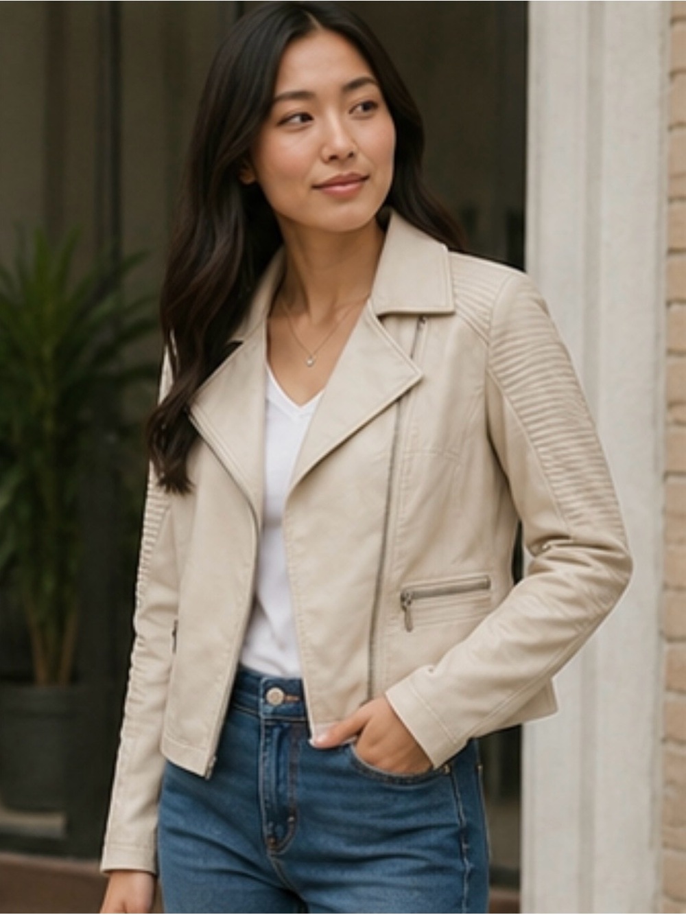 Cream Faux Leather Moto Jacket Size M